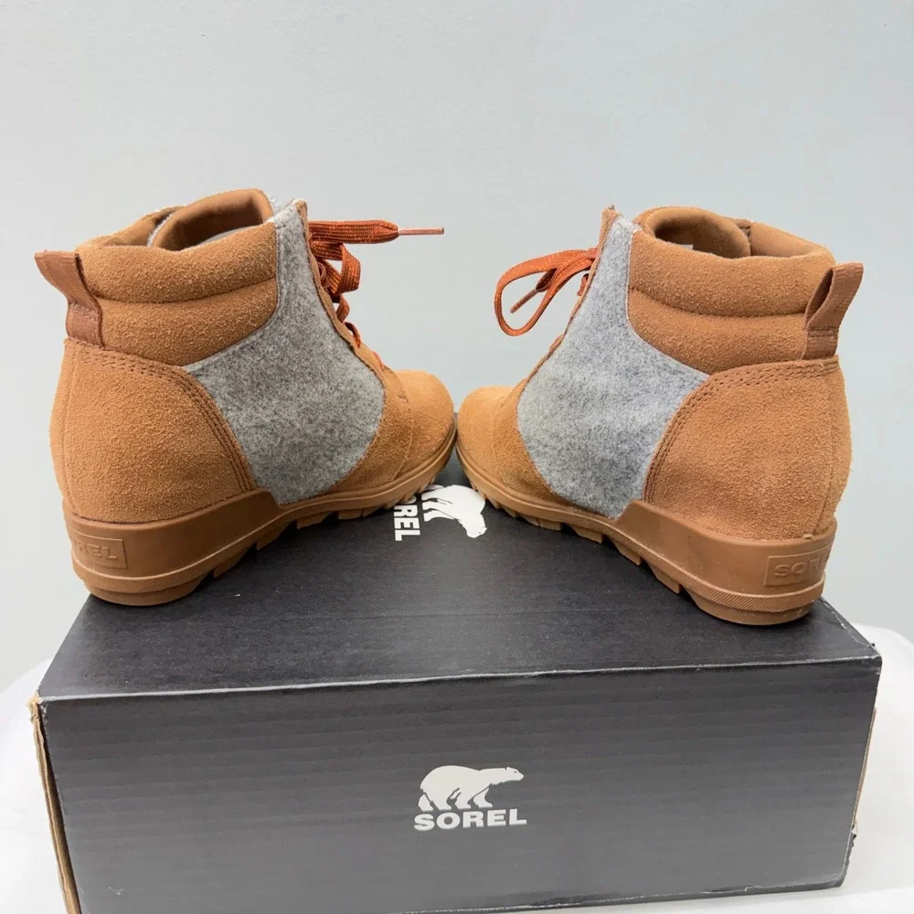 Sorel Evie Brown Suede Grey Felt Lace Up Wedge Ankle Booties Women's‎ 7
